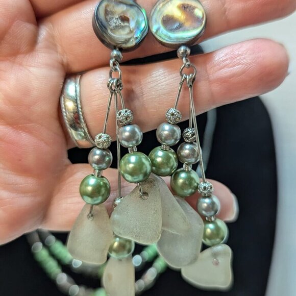 Silver Tone Green Bead Circle Round Dangle Drop Earrings Necklace Set Jewelry - Picture 4 of 10